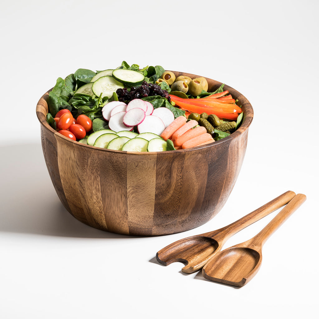 Soro Xtra Large Acacia Wood Salad Bowl with Servers — Rustic Farmhouse Entertaining